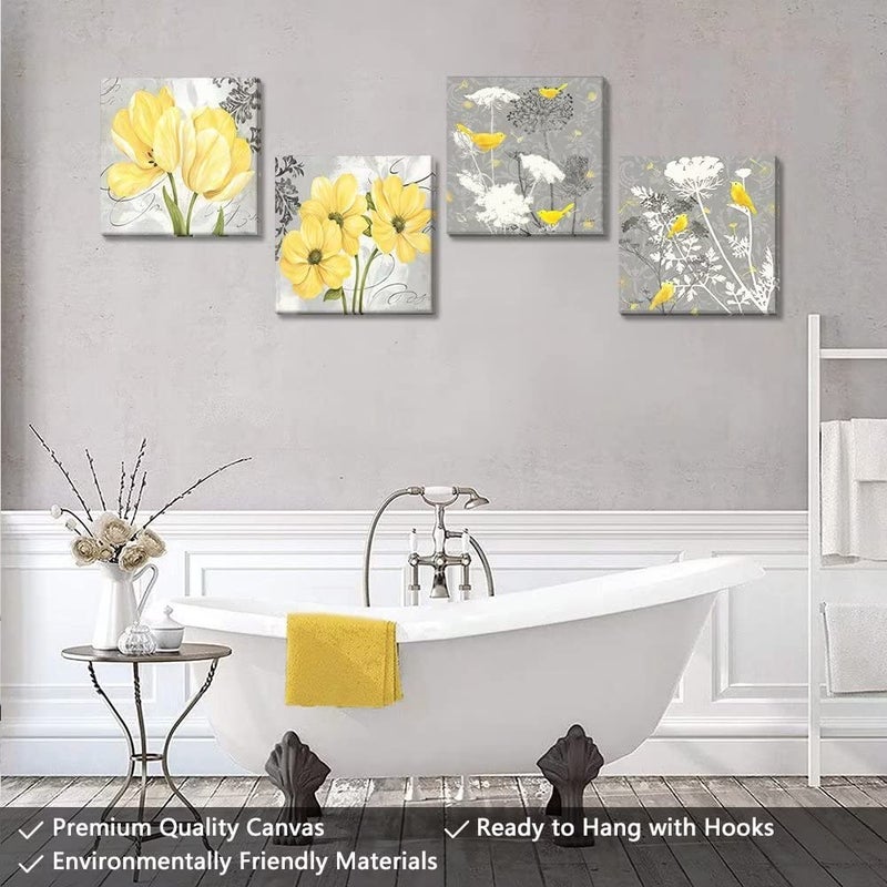 Wall HDQ Yellow Gray Picture Wall Art for Bathroom Wall Decor Flowers Canvas Prints Framed 4 Panels - Image 4